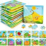 Vileafy 1 Pack Mini Wooden Puzzles Party Favors for Boys and Girls, 5.8? X5.8? Portable Travel Small Puzzles 20Pieces - Vegetable and Fruits Theme for Kids Ages 4-8 Years Old