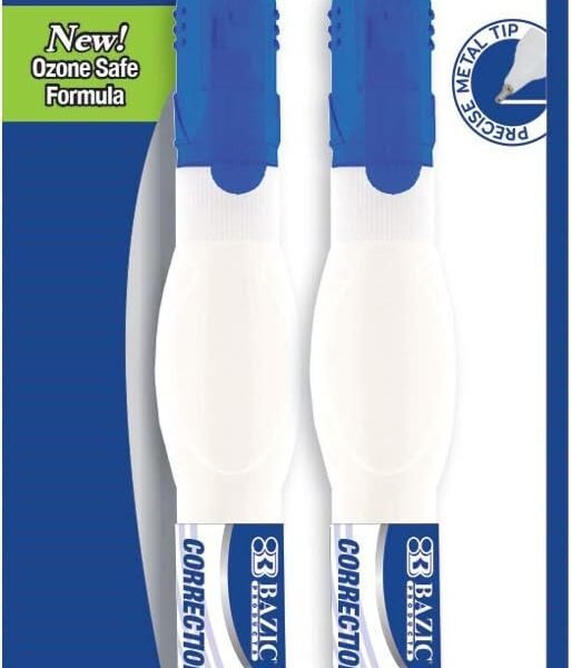 BAZIC Correction Pen, Precise Metal Tip Applicator, Fine Point Corrections Fluid, White Out Wipe Out Liquid (2/Pack)