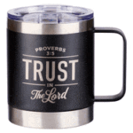 Christian Art Gifts Trust in the Lord Stainless Steel Black Mug with Proverbs 3:5 - Camp Style Travel Mug, Christian Mug for Men (11oz Double Wall Vac