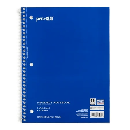 Pen+Gear Wide Ruled 1-Subject Notebook, 8" x 10.5", Blue, 70 Sheets