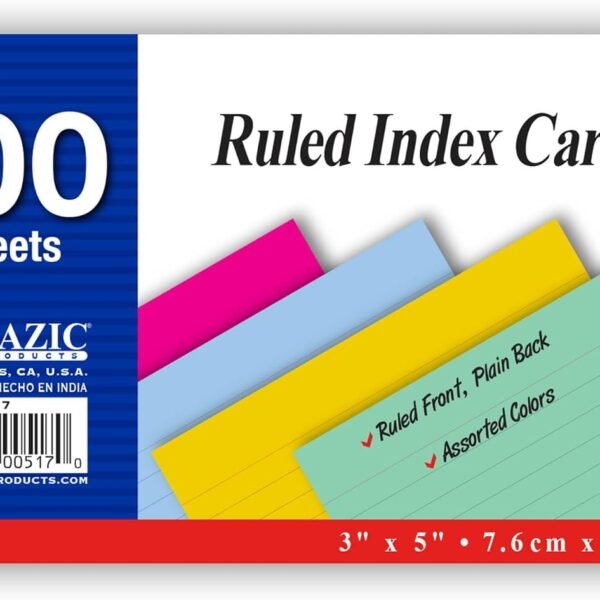 BAZIC 100 Ct. 3" X 5" Ruled Colored Index Card