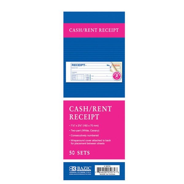 7 1/2" x 2 3/4" 2-Part Carbonless Cash/Rent Receipt