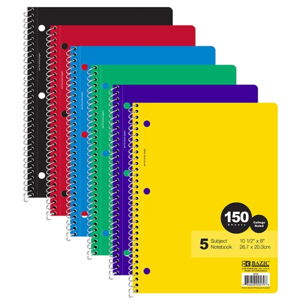 10.5" x 8" 300 Page Assorted Color College Ruled 5 Subject Notebooks, 150 Sheets